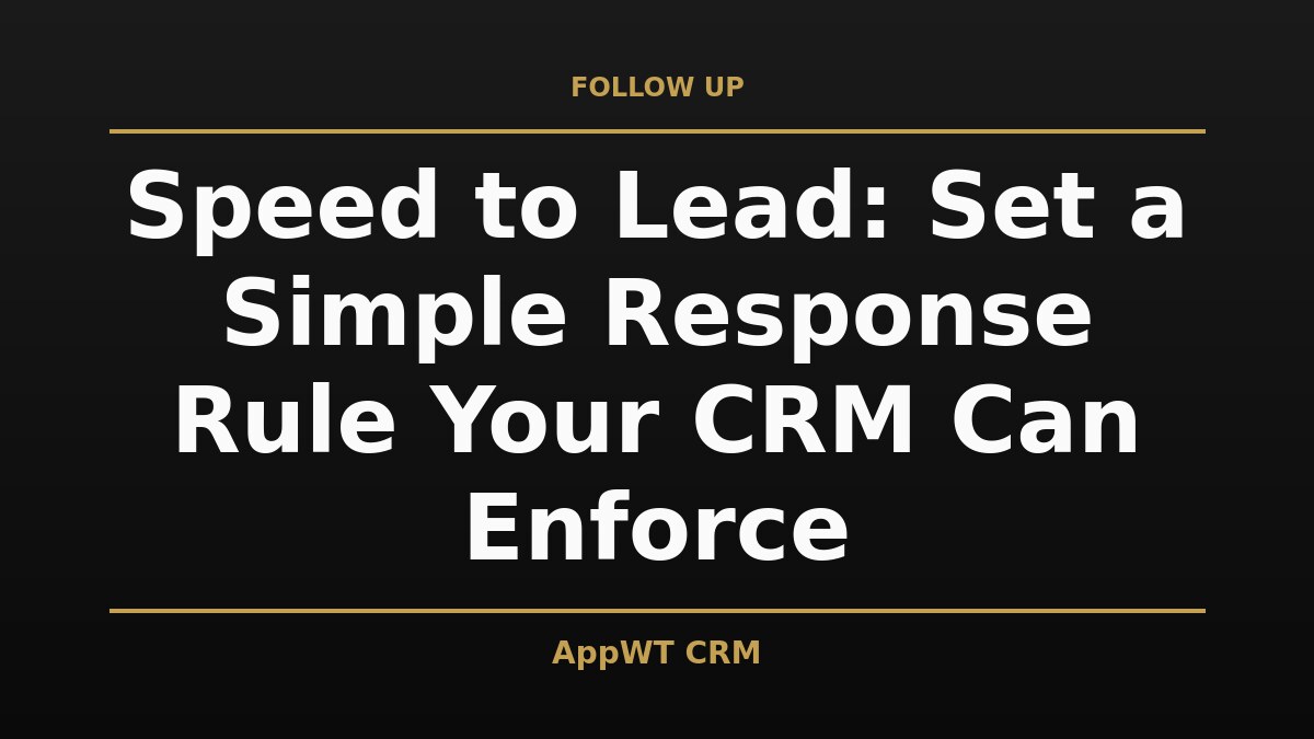Black and gold title card reading Speed to Lead: Set a Simple Response Rule Your CRM Can Enforce, with the AppWT CRM name in gold along the bottom edge